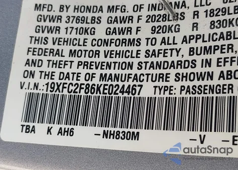 2019 Honda Civic Sport from USA, damaged, VIN 19XFC2F86KE024467